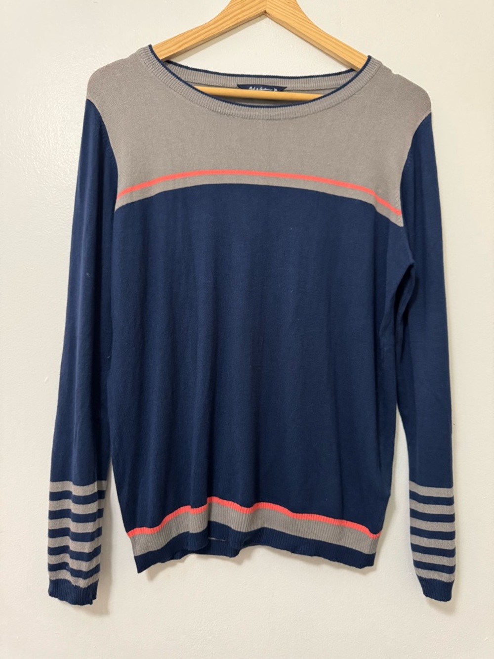 Navy and Gray Crewneck Sweater with Coral Stripe